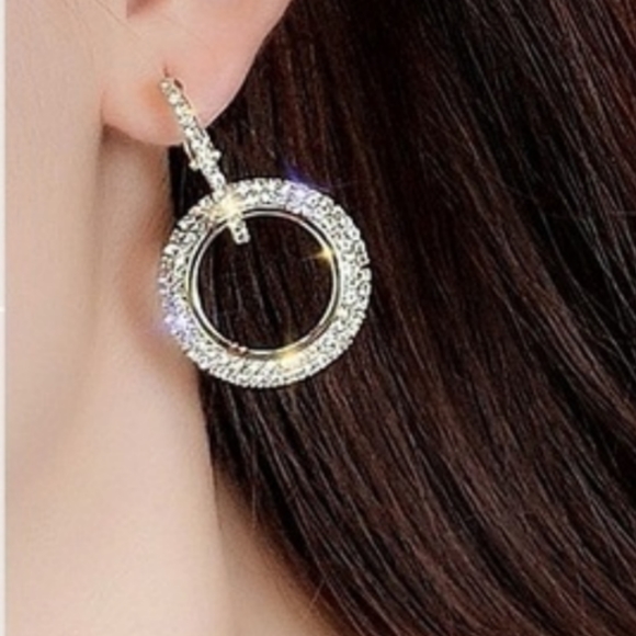 New Rhinestone Double Hoop Dangle Earrings - Picture 2 of 9